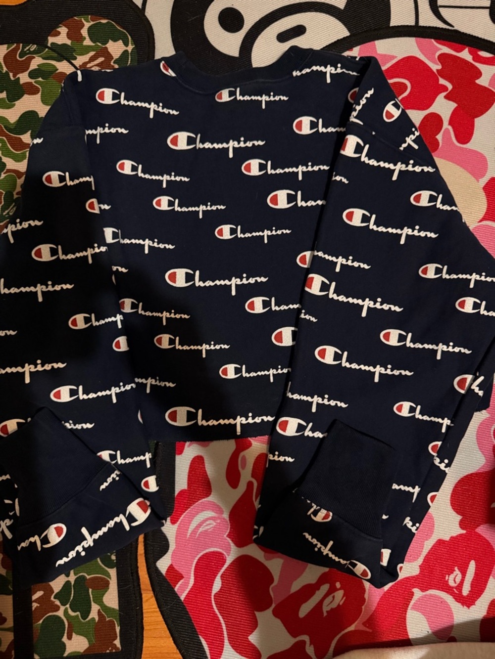 Champion Navy Crewneck Sweatshir with White Script and Red Logo Accent